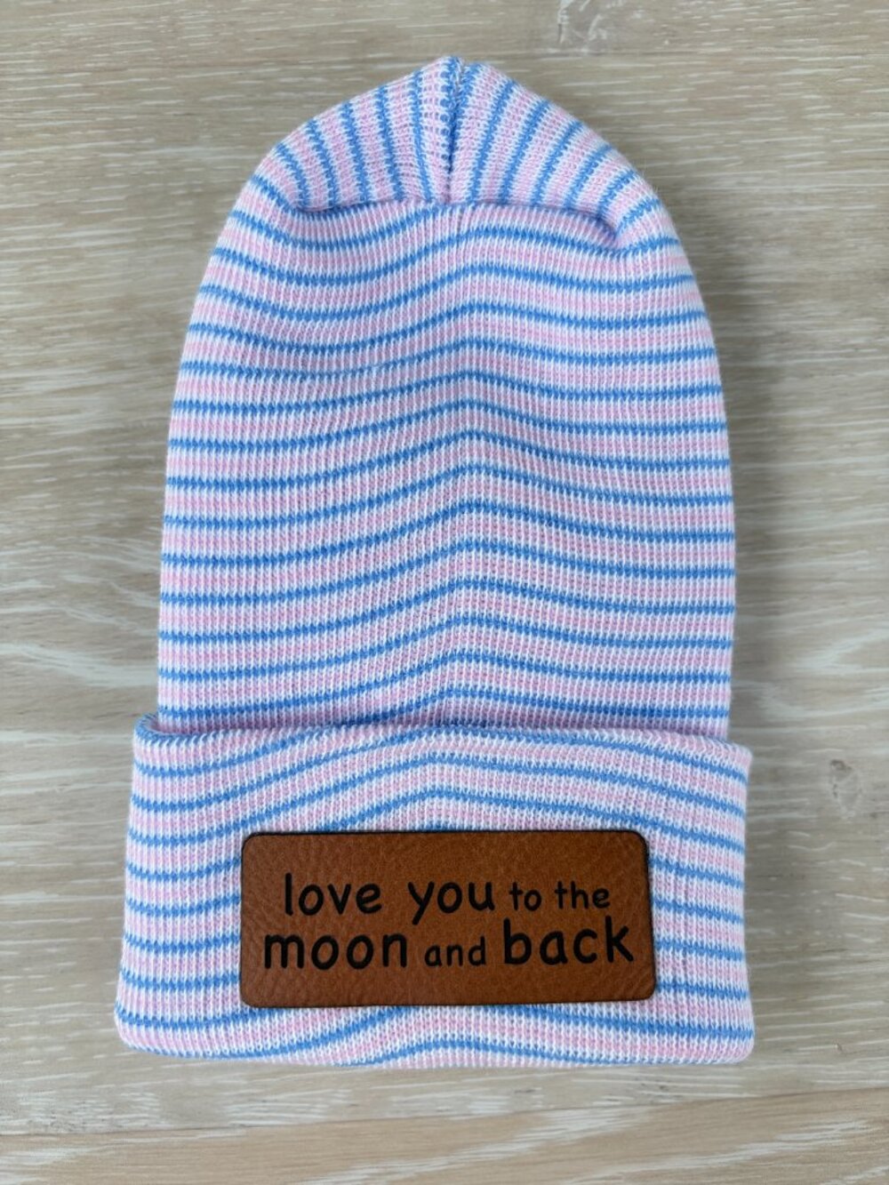 Love You To The Moon And Back Newborn Beanie 0-3M Pink Blue Stripe Baby Hat Gift